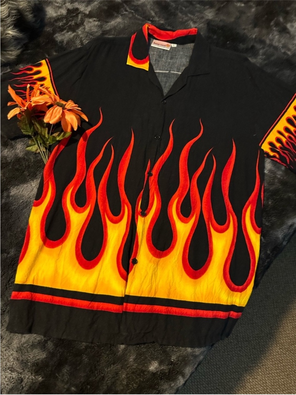 Vintage Flame Print Short Sleeve Button-Down Shirt - Black with Red & Yellow